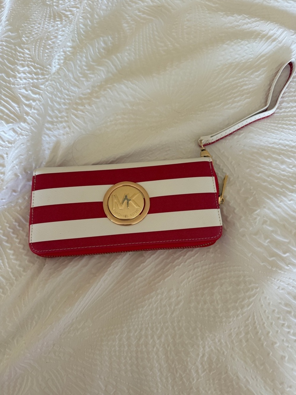Michael Kors Red and White Striped Wristlet Clutch with Gold Logo